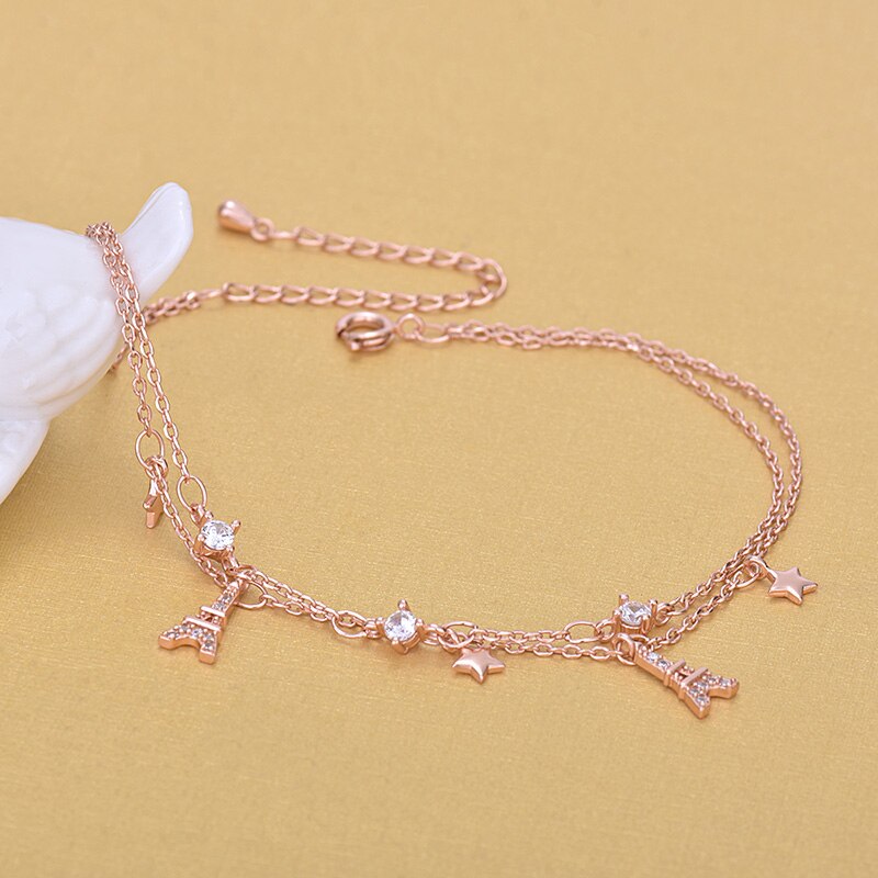 Korea Style Rose Gold Rhinestone Crystal Star Eiffeltoren Charm Enkelbanden Sieraden Voor