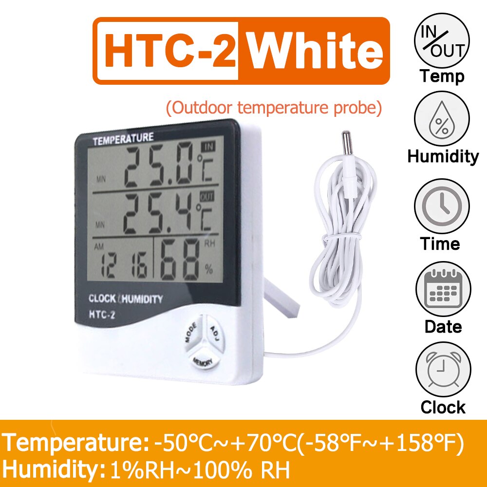Mini Digital LCD Temperature and Humidity Meter Indoor Outdoor Electronic Thermometer Hygrometer Humidity Gauge Weather Clock: HTC-2