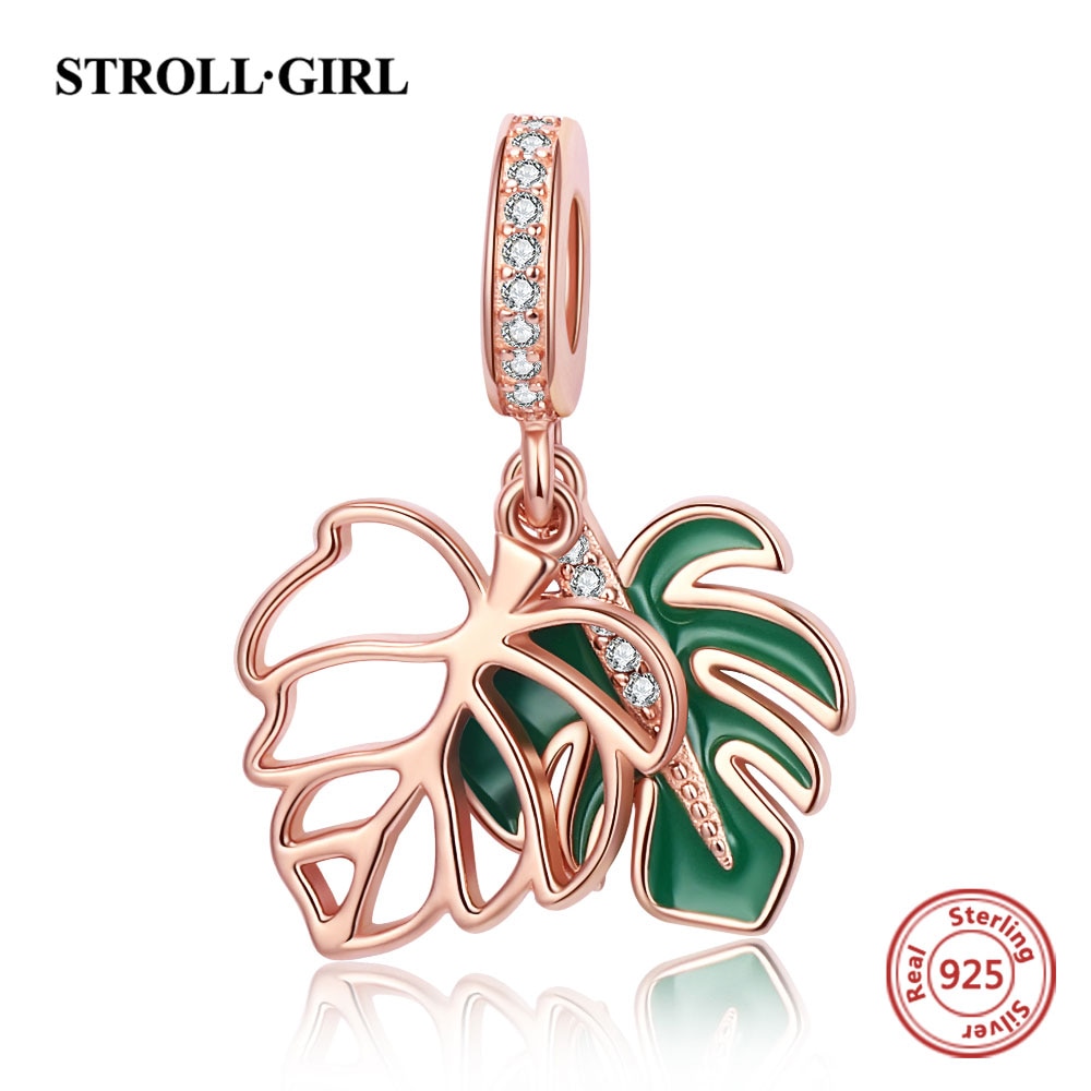 925 sterling silber Monstera perle grün emaille blatt zirkon rose gold anlage anhänger charm fit Europäischen armband für frauen Schmuck