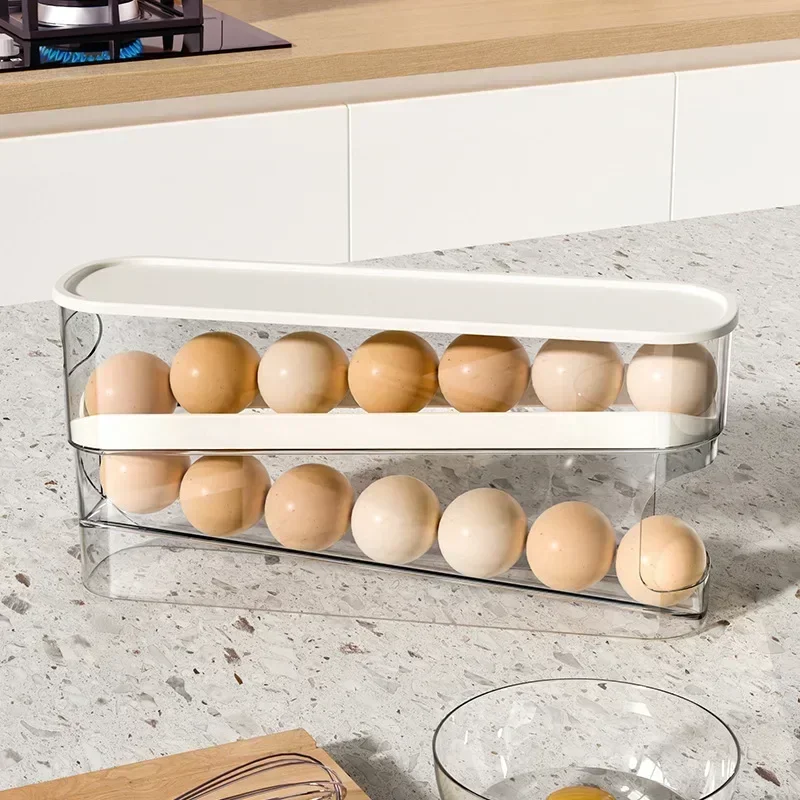 Caja de almacenamiento de huevos para refrigerador, soporte de huevos de desplazamiento automático, estante de almacenamiento de huevos enrollable dedicado para cocina de gran capacidad para el hogar