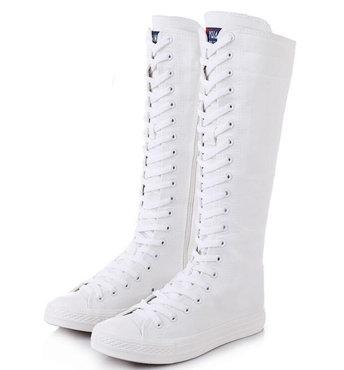 Zapatos de mujer de primavera y otoño, zapatos casuales de lona de caña alta, botas largas con cordones y cremallera, botas planas cómodas, zapatillas deportivas: Blanco / 39