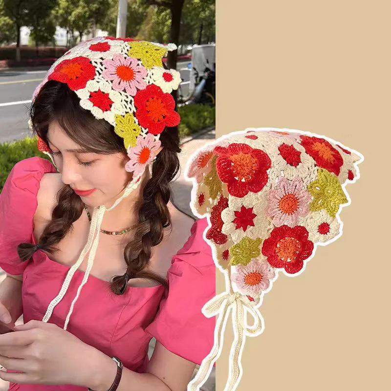 Coreano dulce lindo hecho a mano Crochet hueco triángulo diadema toalla mujeres primavera y verano viaje foto literaria bufanda para el cabello