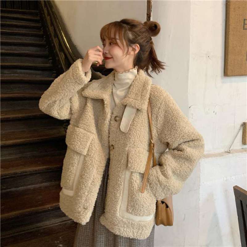 дубленка женская Korean Thick Wool Jacket Warm Women&#39;s Winter Sheepskin Coat One Piece Fur Coats All-Match Traf: Camel / M 47.5-55KG