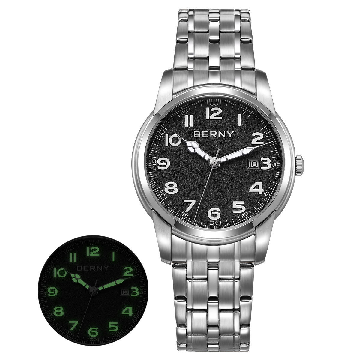 Relojes BERNY para hombre, calendario, fecha, reloj piloto de cuarzo luminoso, S/S, clásica, deportes, fácil lectura, reloj de pulsera para hombre al aire libre: Negro