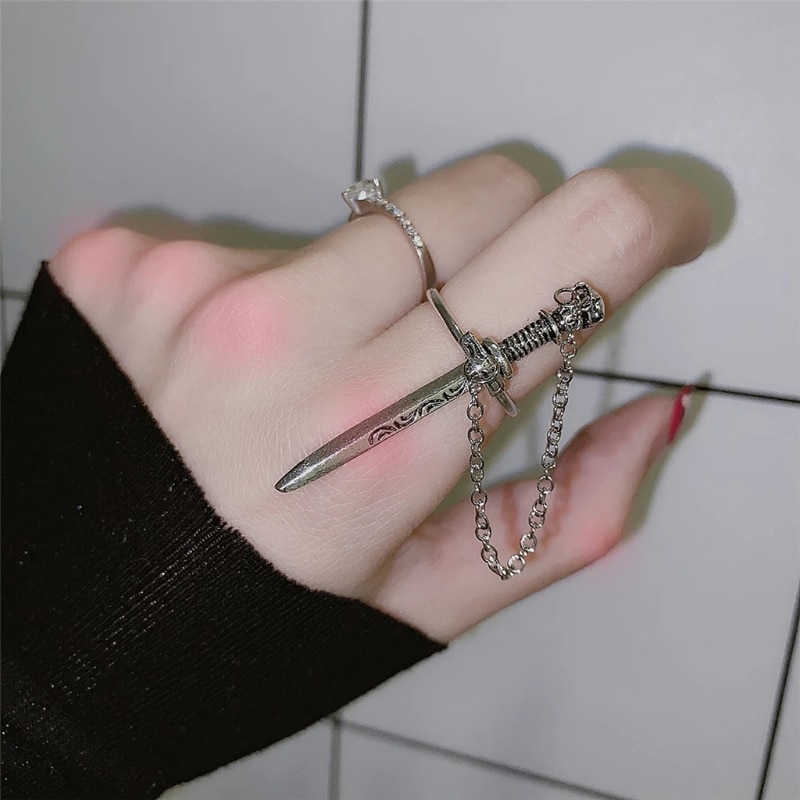 Gothic Punk Schedel Zwaard Beweegbare Plug-In Vinger Ring Middeleeuwse Ridder Dolk Ketting Ring Band Vintage Statement Sieraden