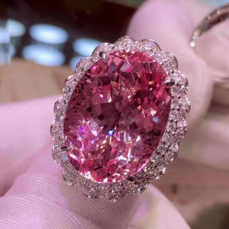 Anillos abiertos ovalados de lujo para mujer, incrustaciones de circonia cúbica rosa, Europa América, de boda, joyería de , delicada: Default Title