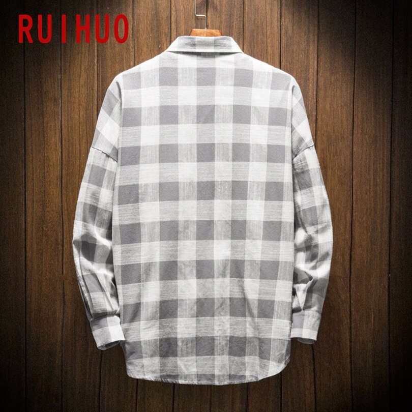 Ruihuo våren casual langermet rutete skjorte herre slim fit bomull herre skjorte japan stil herre klær merke topper m -5xl