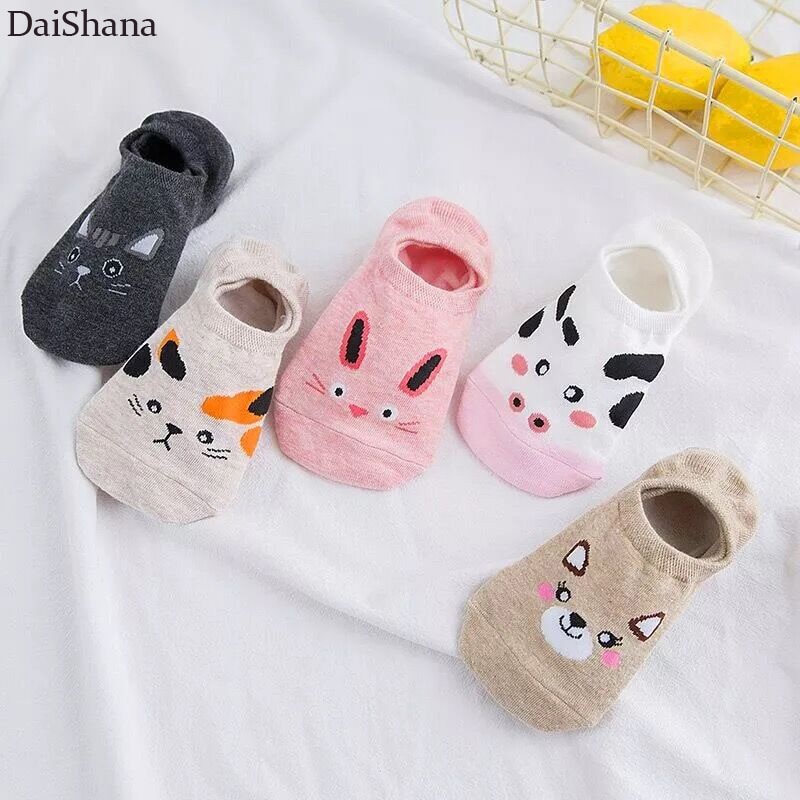 5 Pairs/lot Cute Harajuku Animal Sock Women Summer Korean Cat Beer Funny Low Cut Boat Socks Happy Sox 35-40