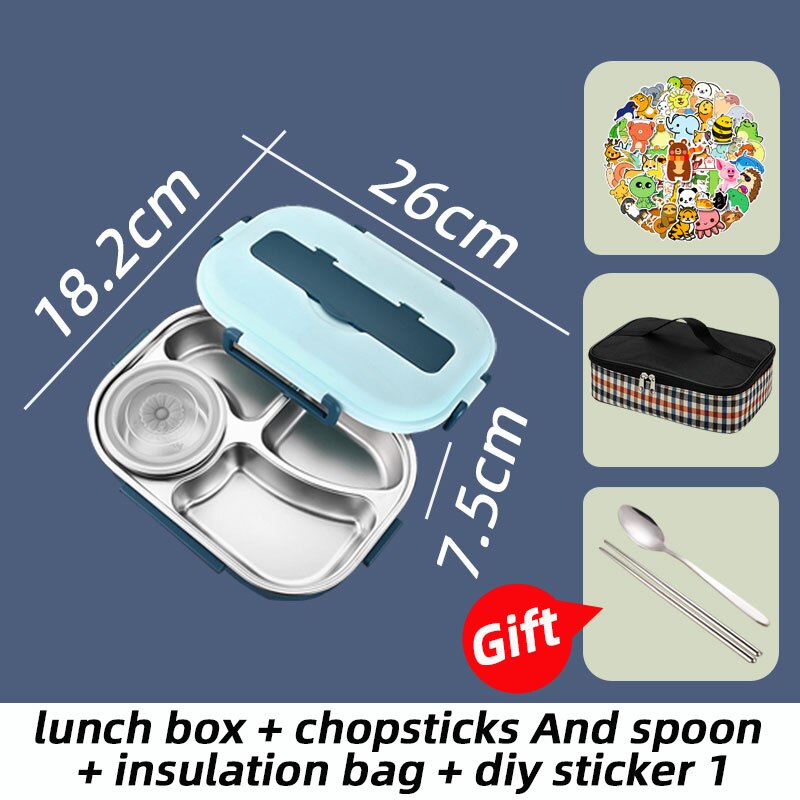 Lunch Box With Compartments Stainless Steel Insulated Tableware Bento Food Container Storage Meal Tray Lunchbox Thermos: Blue  Combination C