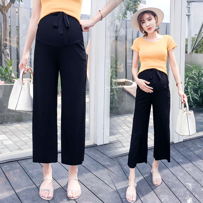 Trekkoord Taille Zwangere Vrouwen Wijdbeens Buik Broek Moeder Breien Broek Moederschap Rechte Werk Broek Losse: Black / L