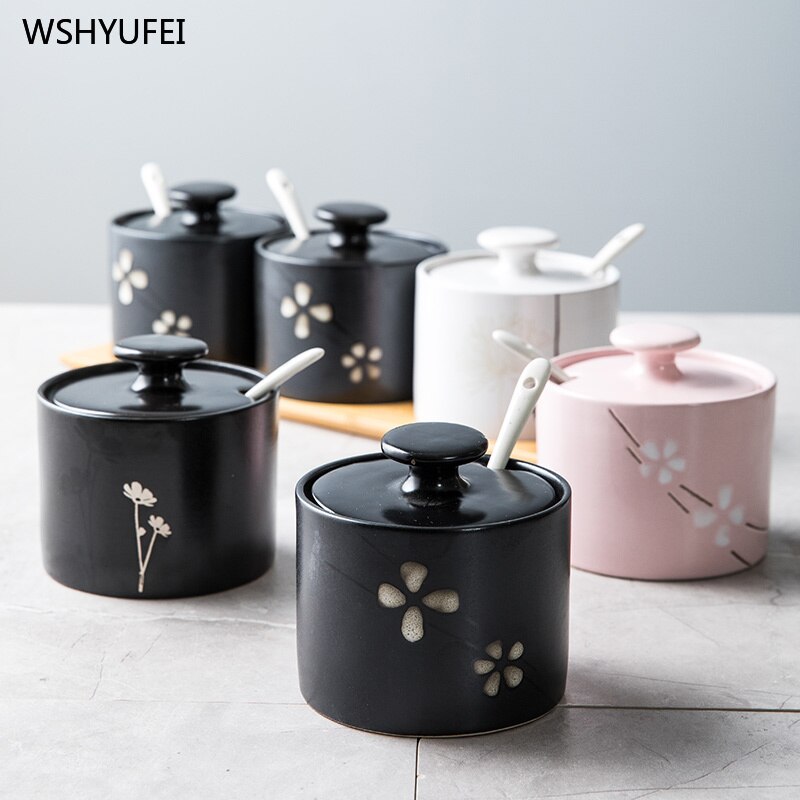 Household with lid spoon Japanese ceramic storage tank kitchen seasoning candy biscuit coffee bean storage tank