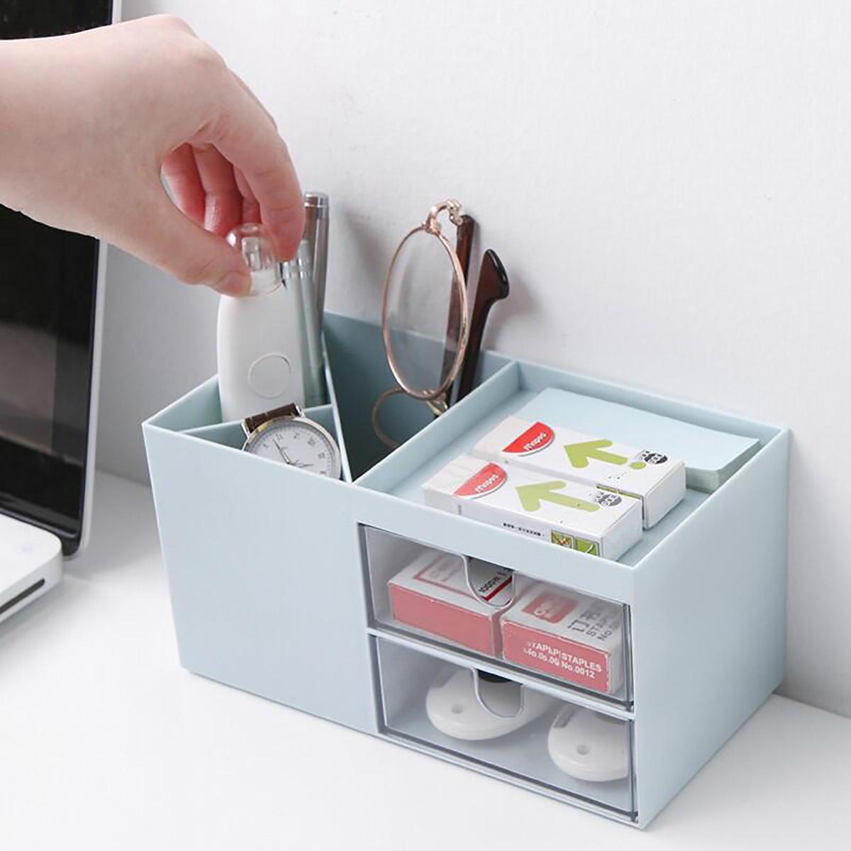 Computer Monitor Heightening Stand PP Material Laptop Keyboard Base with Drawer Makeup Brush/Pen/Stationery Desktop Organizer: Storage Box-Blue