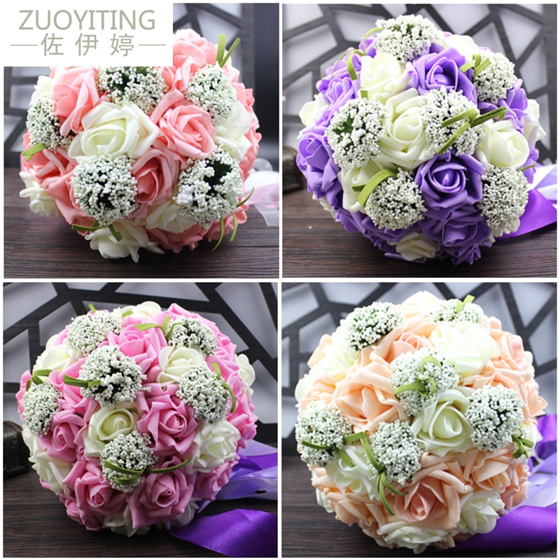 ZUOYITING,Bride holding flowers, Romantic Wedding Colorful Bride 's Bouquet,red pink blue and purple bridal bouquets
