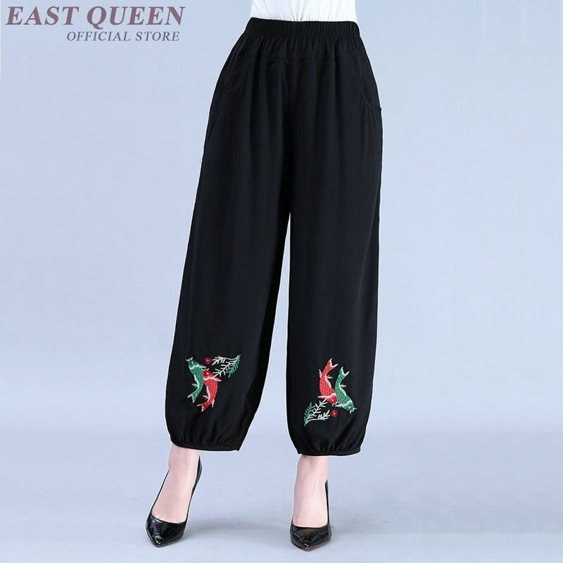 Pantalon à jambes larges pour femmes plus âgées, bouffantes noires, en coton et lin, taille haute élastique, broderie, Capris, boutique chinoise en ligne, TA1783,: 4 / XXL