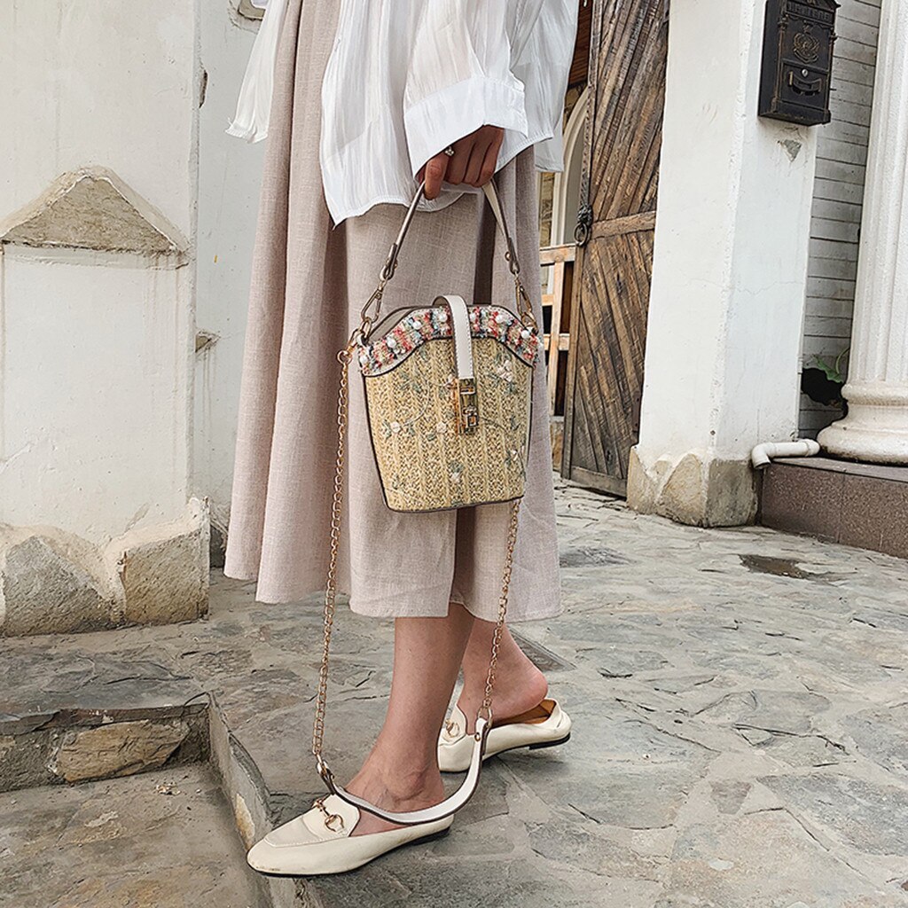 Summer Bag With Flowers Women Csual Beach Vacation Simple Lace Embroid Straw Bucket Bag Burlap Square Bag Messenger Bag