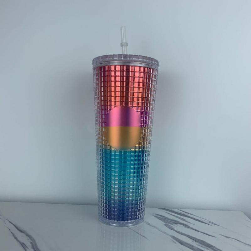 Tasse à café diamant 710ml, avec paille, Double couche en plastique, avec grille de maïs, déesse rayonnante