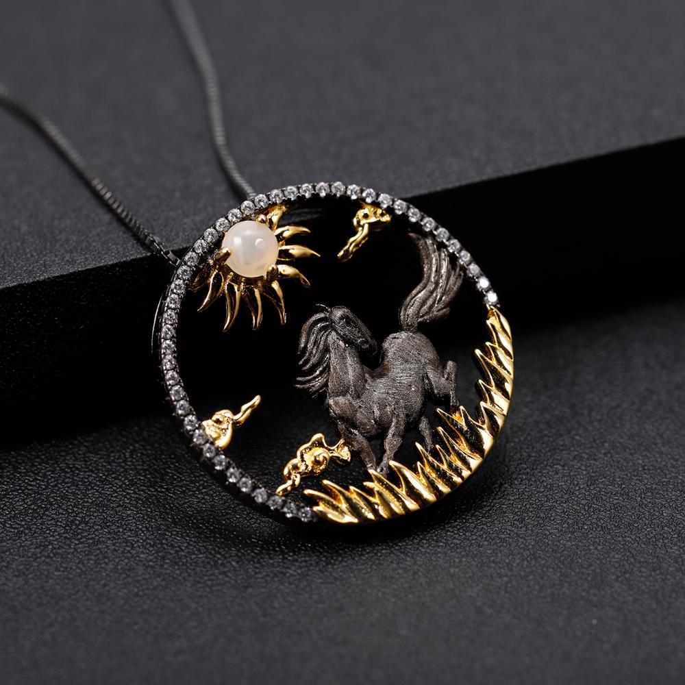 GEM'S BALLET – collier avec pendentif cheval galop pour femme, bijoux en argent Sterling 925, 12 signes du zodiaque chinois, opale africaine naturelle