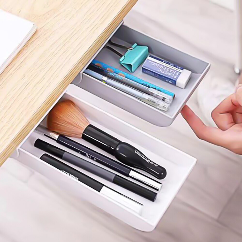 Creativity Self Stick Desk Drawer Hidden Storage Box Stationery Case Pencil Tray Pen Holder Makeup Organizer For Office Home