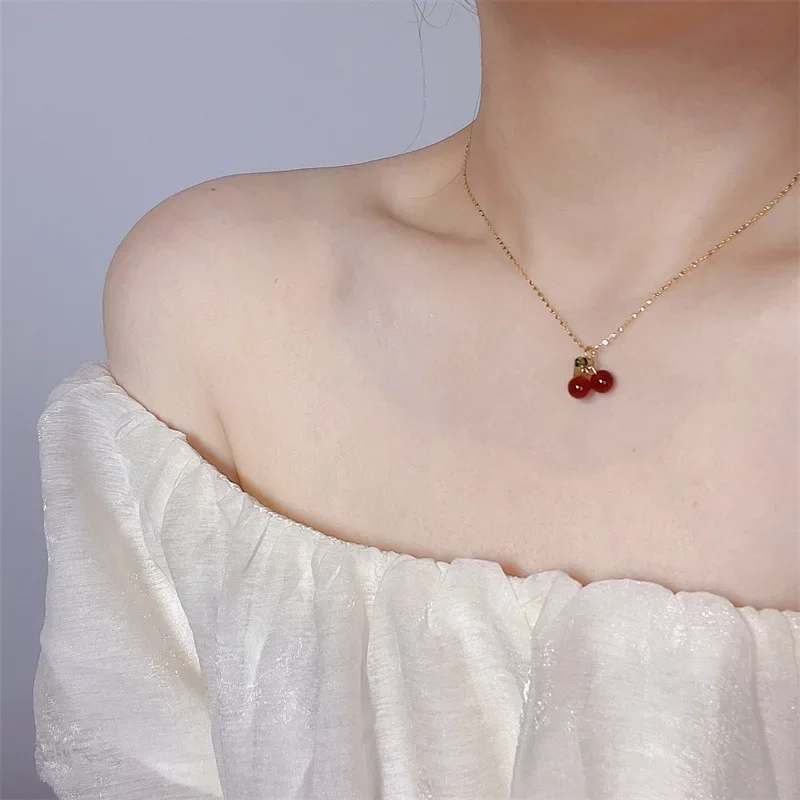 Halsband i rostfritt stål med körsbär, naturstenspärlor, hänge, kedja, kvinnors bröllopsfest, smycken, födelsedag