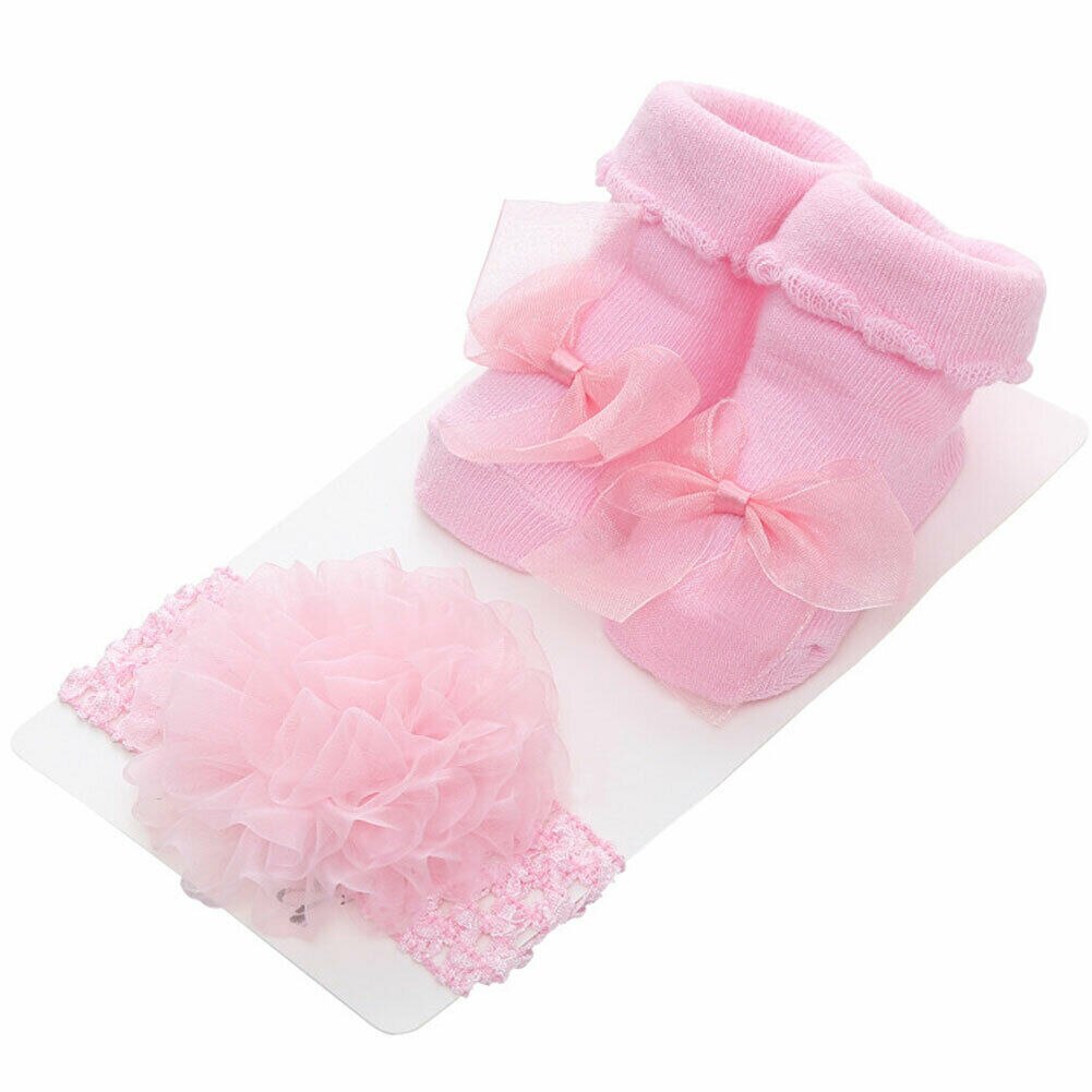 1Set Newborn Socks+ Headband Baby Bows Hair Band Infant Lace Soft Baby Girl Socks Cotton Anti Slip Baby Socks meia infantil: A