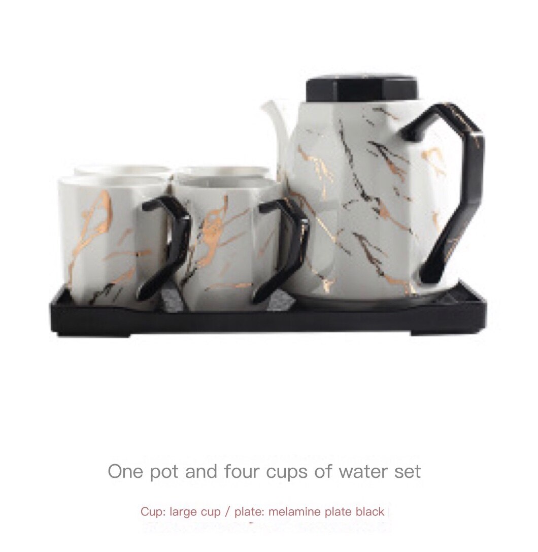 European Style Simple Black and White Marble Gold Ceramic Coffee Tea Set Hotel Household with Tray Teapot Cup Set Water Set