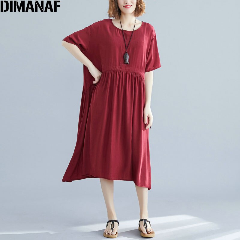Dimanaf plus size damklänning sommar med bälte veckad bomull casual stil kvinnlig vestidos lös solid basklänning 4 färger