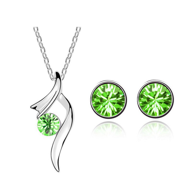 top czech rhinestone girl bridal charm ribbon round pendant necklace earring jewelry set 8 colors: green