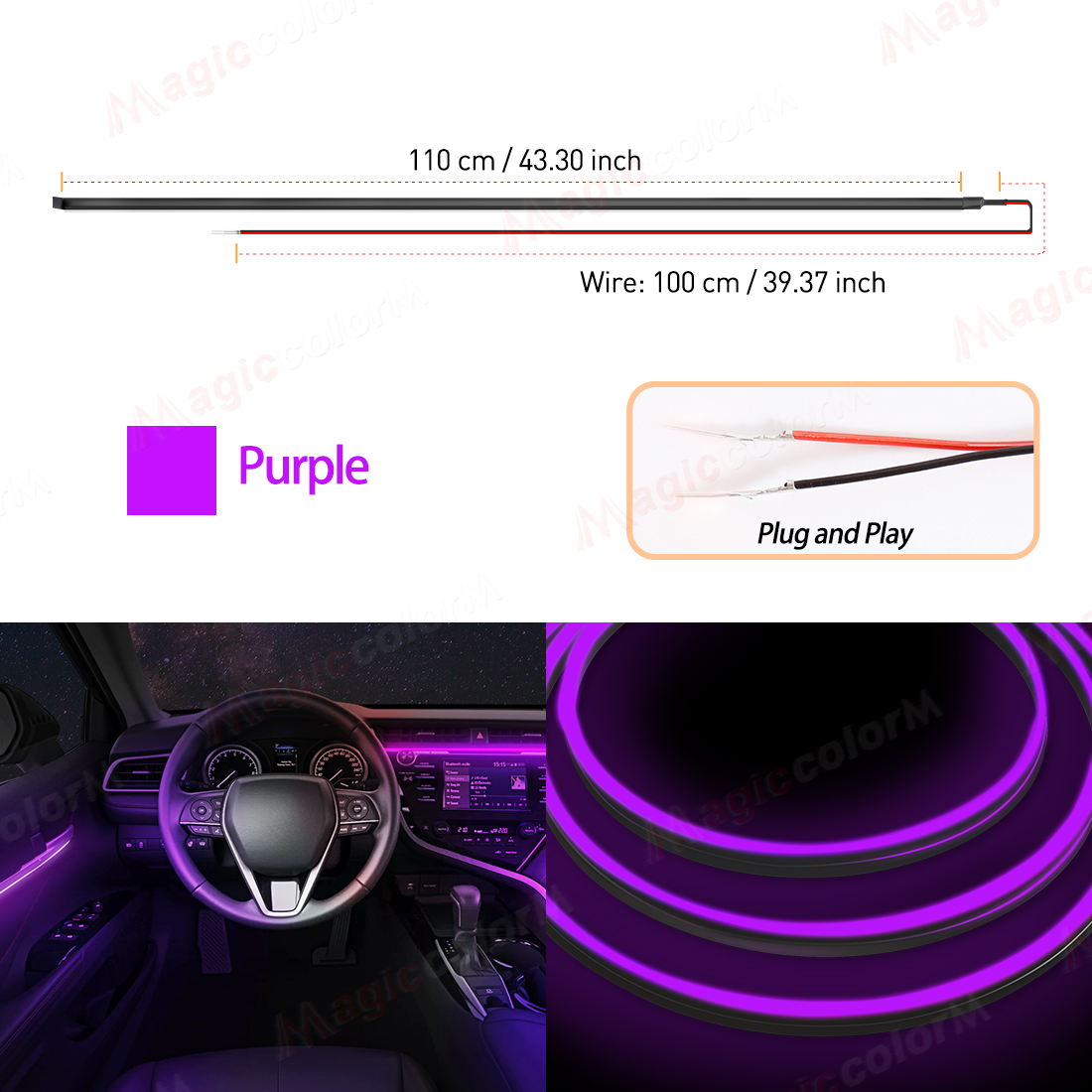 EL Wire Car LED Ambient Light Car Interior Decorative Lamp For Universal DIY Flexible Hidden Cuttable Colour Acrylic Strip 110cm: changeable