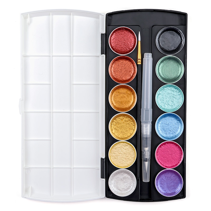 12 färg metallic akvarell set guld pigment färg med vattenpensel för konstnär målning glitter vatten färg konst tillbehör
