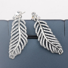 925 Sterling Zilveren Oorbellen met Clear CZ Hollow Feather Bungelende Stud Oorbellen voor Vrouwen Fijne Sieraden Maken