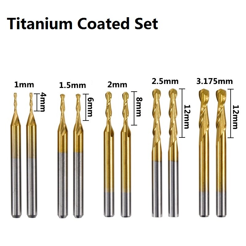 10 stk. 1.0/1.5/2.0/2.5/3.175mm kugle næse ende fræser 1/8 '' skaft titanium belagt hårdmetal ende fræse cnc træ fræsning gravering bit: Titaniumbelagt