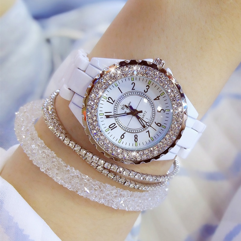Luksus krystal armbåndsure kvinder hvide keramiske dameure kvarts kvinder ure damer armbåndsure til kvinder