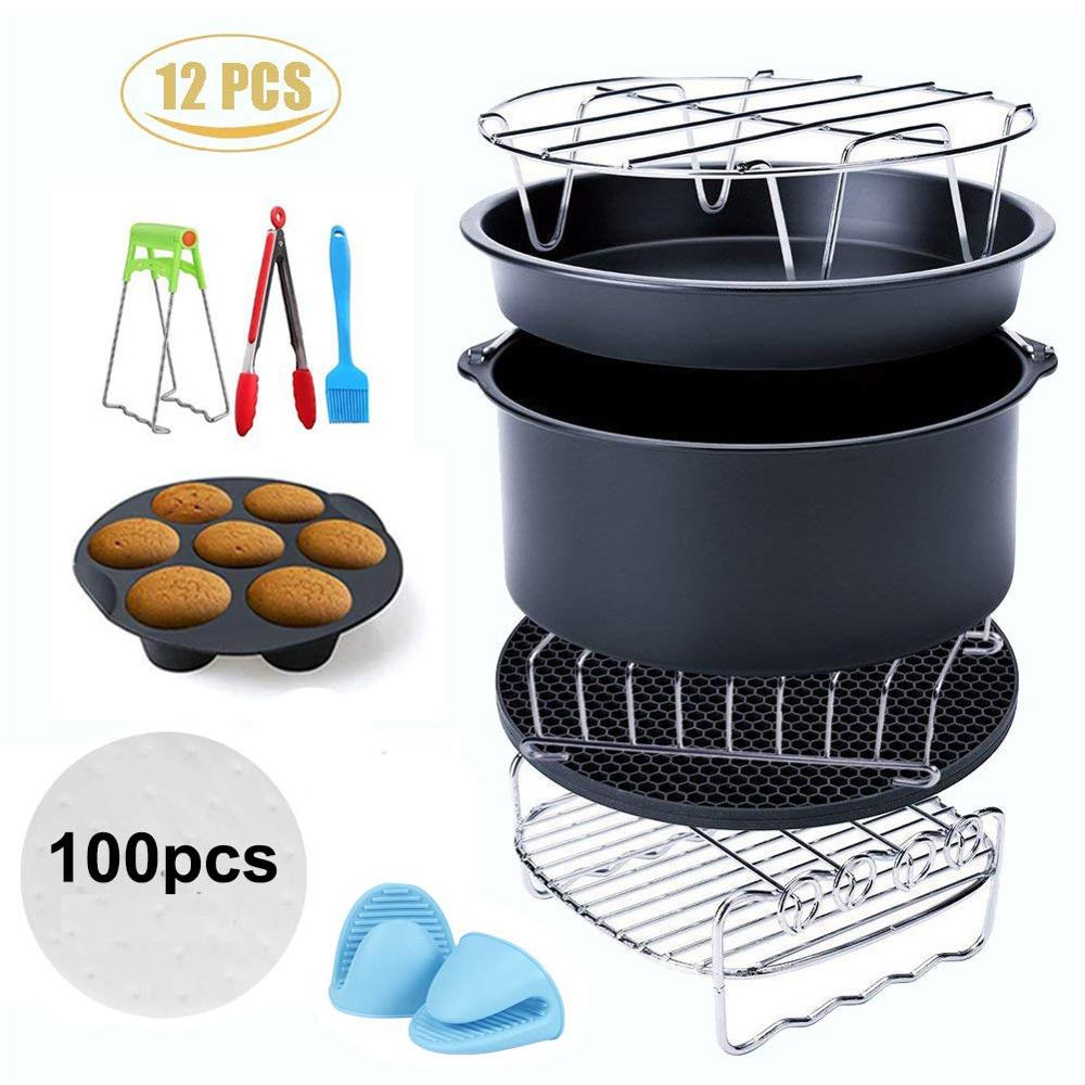 12 st air fryer tillbehör passar alla 3.2qt - 5.8qt power fritös pizza tallrik grill gryta kök matlagningsverktyg för fest: Default Title