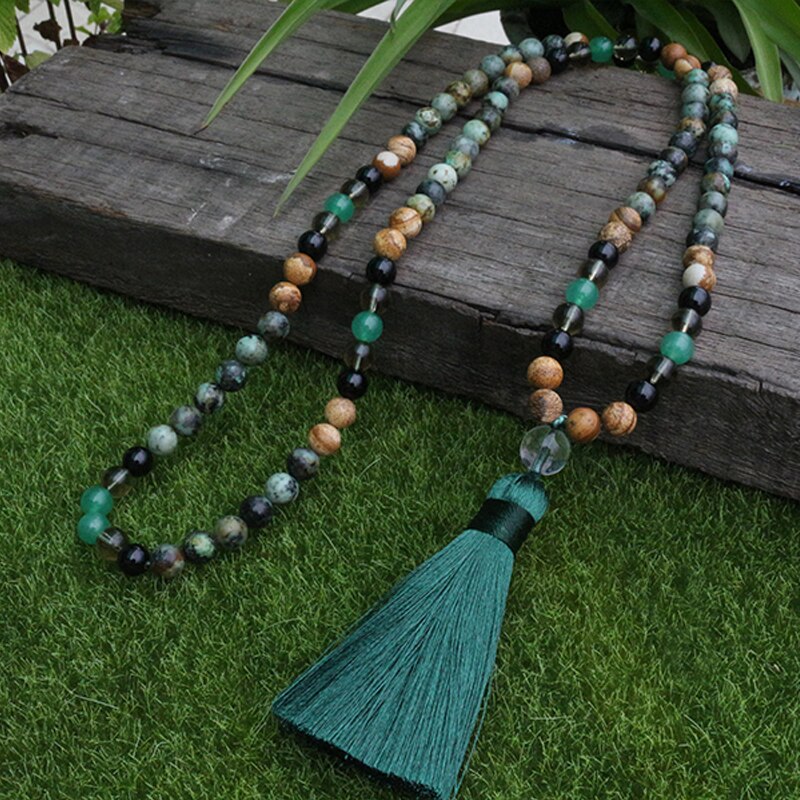8mm Afrikaanse Turquoise En Onyx JaPaMala Kralen Ketting, Kleurrijke Nacklace, 108 Kraal Mala, Mala Sieraden, yoga Klasse Gebed Sieraden
