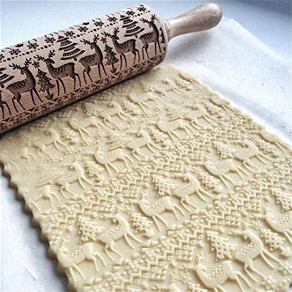 Kerst Embossing Roller Pastry Cookies Noodle Biscuit Fondant Cake Plak Gegraveerde Tool Rendier Sneeuwvlok 35x5 cm Keuken Tool