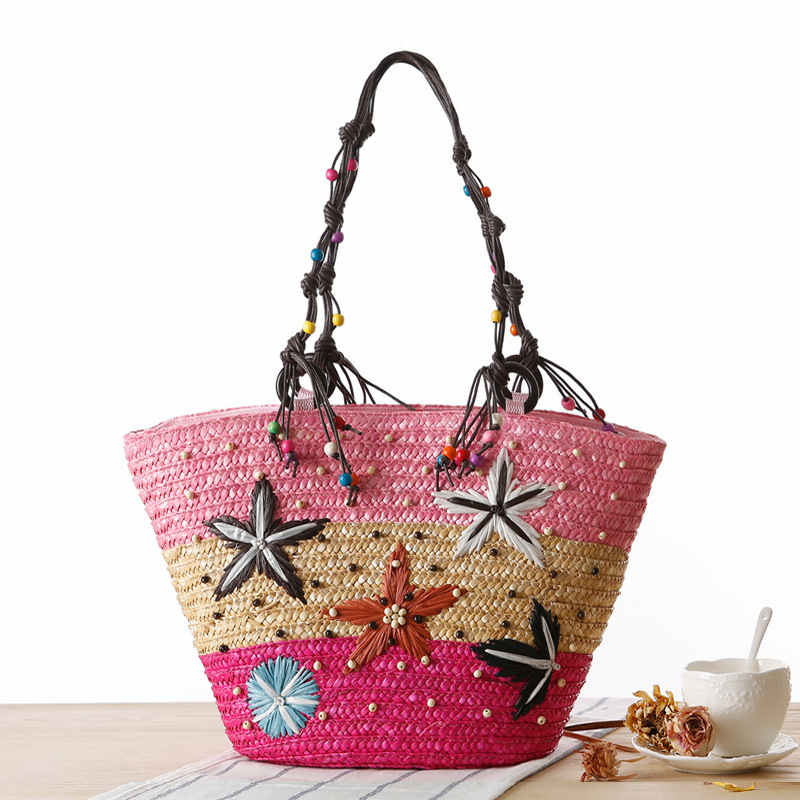 Bohemian hand-embroidered starfish straw bag beaded woven handbag shoulder bag: pink