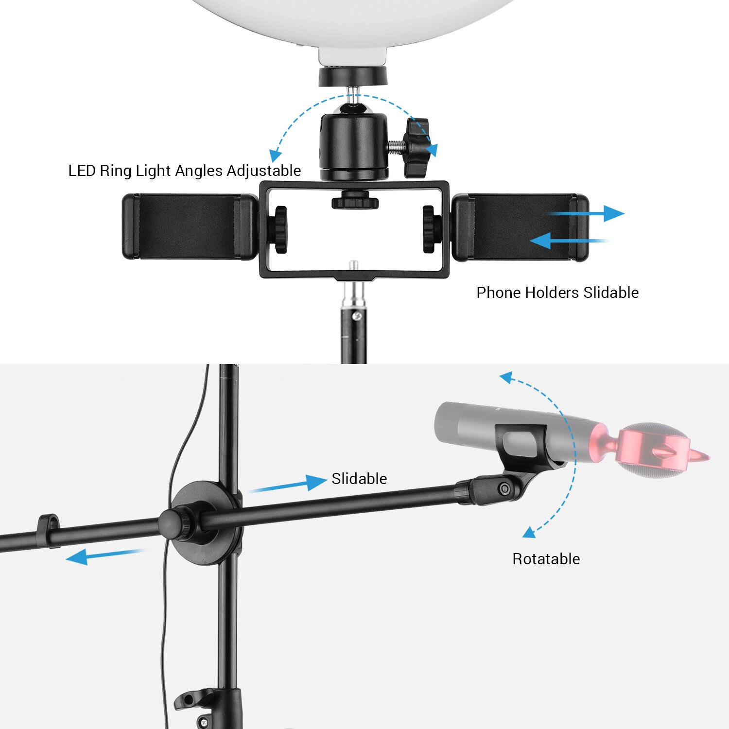 10inch led Ring Light Kit Photography Dimmable 3200-5600K w/ Tripod Ball Head Triple Phone Holders Micropone Arm Remote Shutter