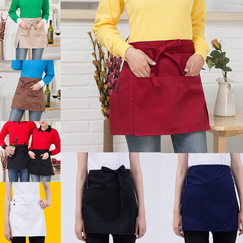 Delantal de cintura para cocina y restaurante para hombre y mujer, medio pantalón corto ajustado con bolsillos, lazos de bolígrafo para camarera