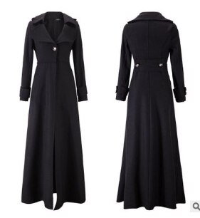 Dames lange mouwen extra lange jas imitatie wollen jas één knoop omslagkraag winterjassen damesjas: Zwart / S