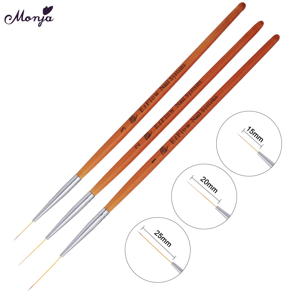 Monja 15/20/25Mm 3Pcs Nail Art Houten Handvat Franse Schilderen Borstel Lijnen Liner Bloem Rooster afbeelding Diy Tekening Pen Manicure Tool