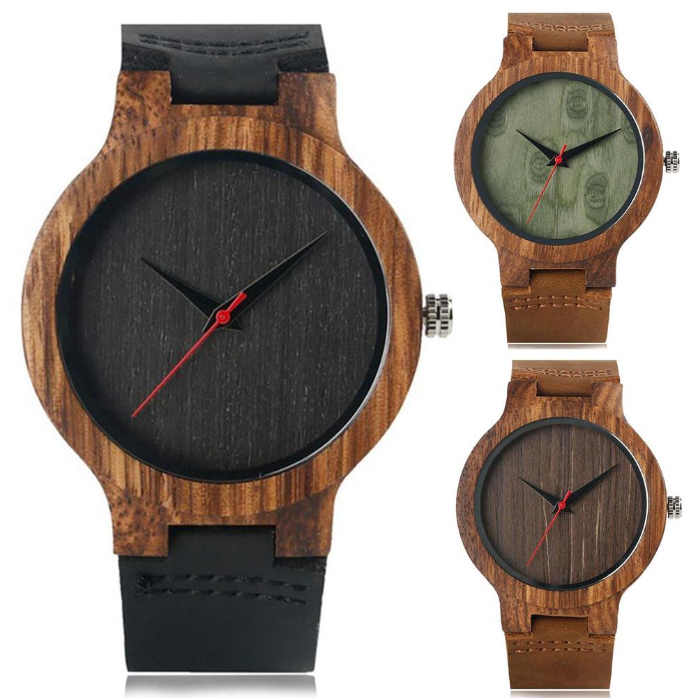 Unisex houten ronde wijzerplaat, kunstleren band, geen nummer, analoog quartz polshorloge, quartz horloges in hout, klok, paarhorloge