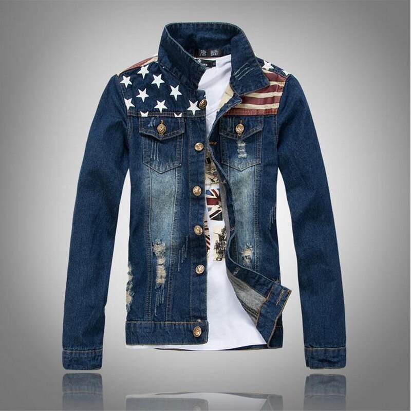 Knap amerikansk flag jeansjakke vintage denim coat fit hættetrøje slank stilfuld coat denim asien størrelse: S