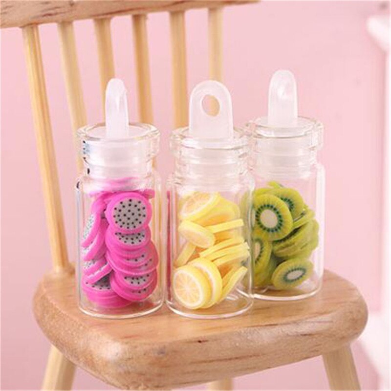 Mini Fruit Slices Glass Bottle Storage Jar Wooden Lid Toy Doll Accessories 1:12 Dollhouse Miniature