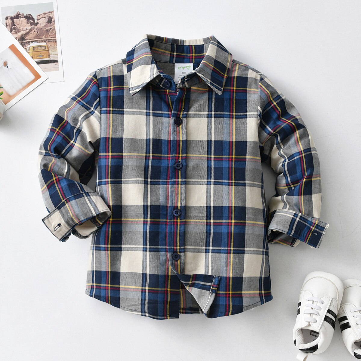2 colori camicie per neonati camicie a maniche lunghe Plaid classico risvolto bambino Casual top camicia da uomo camicette classiche per bambini abbigliamento: Blu / 130CM