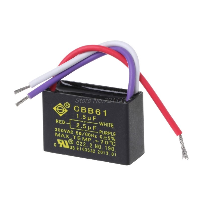 Sort cbb 61 1.5uf+2.5uf 3 ledninger  ac 250v 50/60hz kondensator til loftsventilator