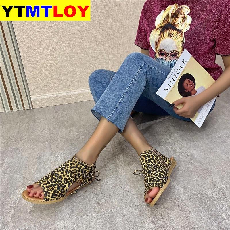 Sandalias Retro de verano para niña, Sandalias planas con punta abierta de leopardo, sandalias de mujer con cremallera para coser, zapatos de playa informales de para uso diario, tallas 37-41 para mujer