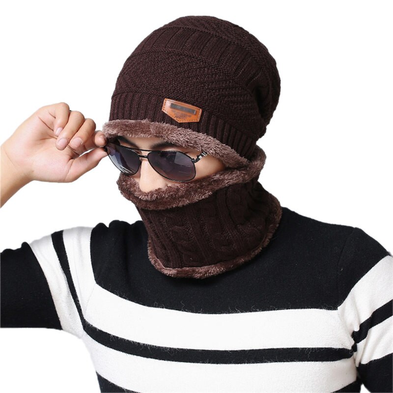 2 stk menn kvinner vinter varm heklet strikk posete lue ull hodeskalle hatt ski lokk skjerf sett: Brun