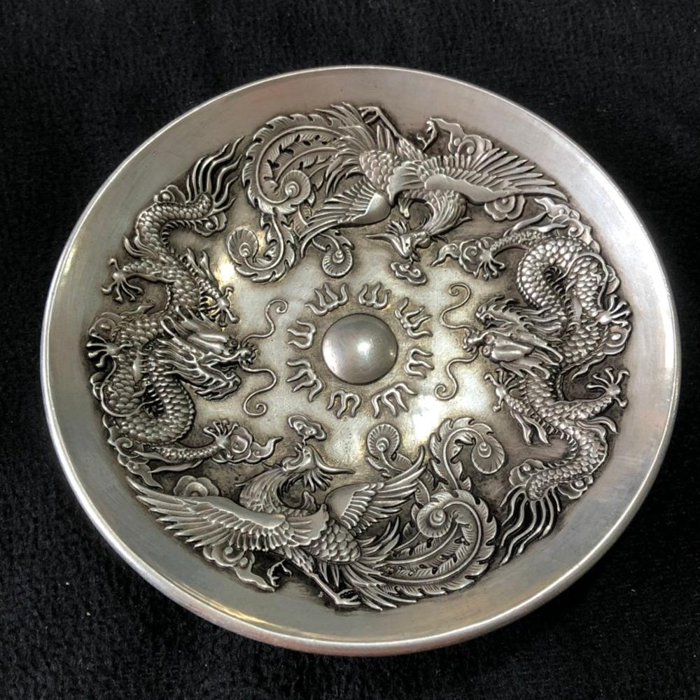 Statue de Dragon et de phénix en argent tibétain, objet de collection chinois Rare, ancien travail manuel, bol de décoration pour la maison, artisanat en métal