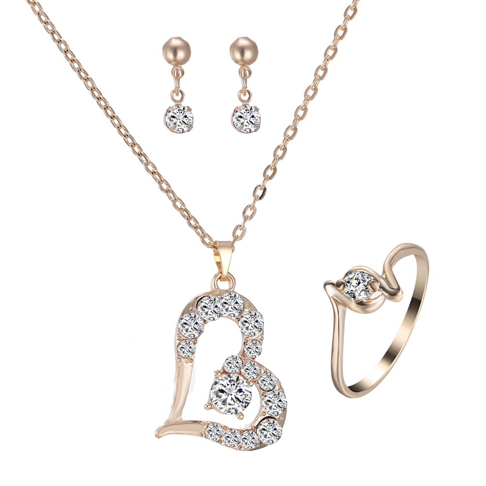 Cuore romantico Insieme Dei Monili Delle Donne Del Cuore dell&#39;orecchino Della Collana impostato di anelli in Oro Insieme dei monili per le donne del Regalo di cerimonia nuziale della sposa