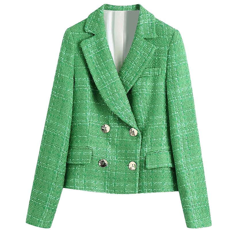 Aonibeier – ensemble de costume en Tweed vert écossais pour femme, blazer ajusté, poches, Style anglais, pantalons courts, tenues urbaines: Green Blazer / XS